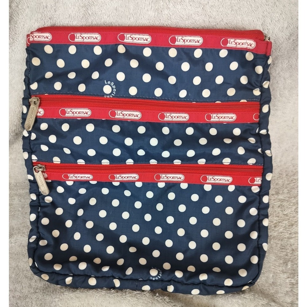LeSportsac Polka Dot Nylon Crossbody Bag Womens Medium Navy Blue‎ Red Trim